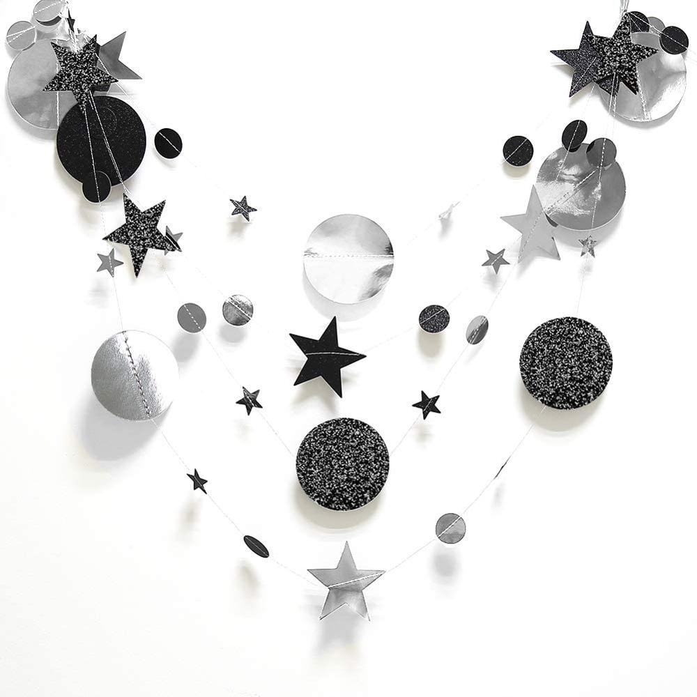 4M Black Silver Moon Star Garland Decorations Glitter Outer Space Birthday Party Hanging Wedding Twinkle Baby Shower Decorations: 1Pc Star Circle