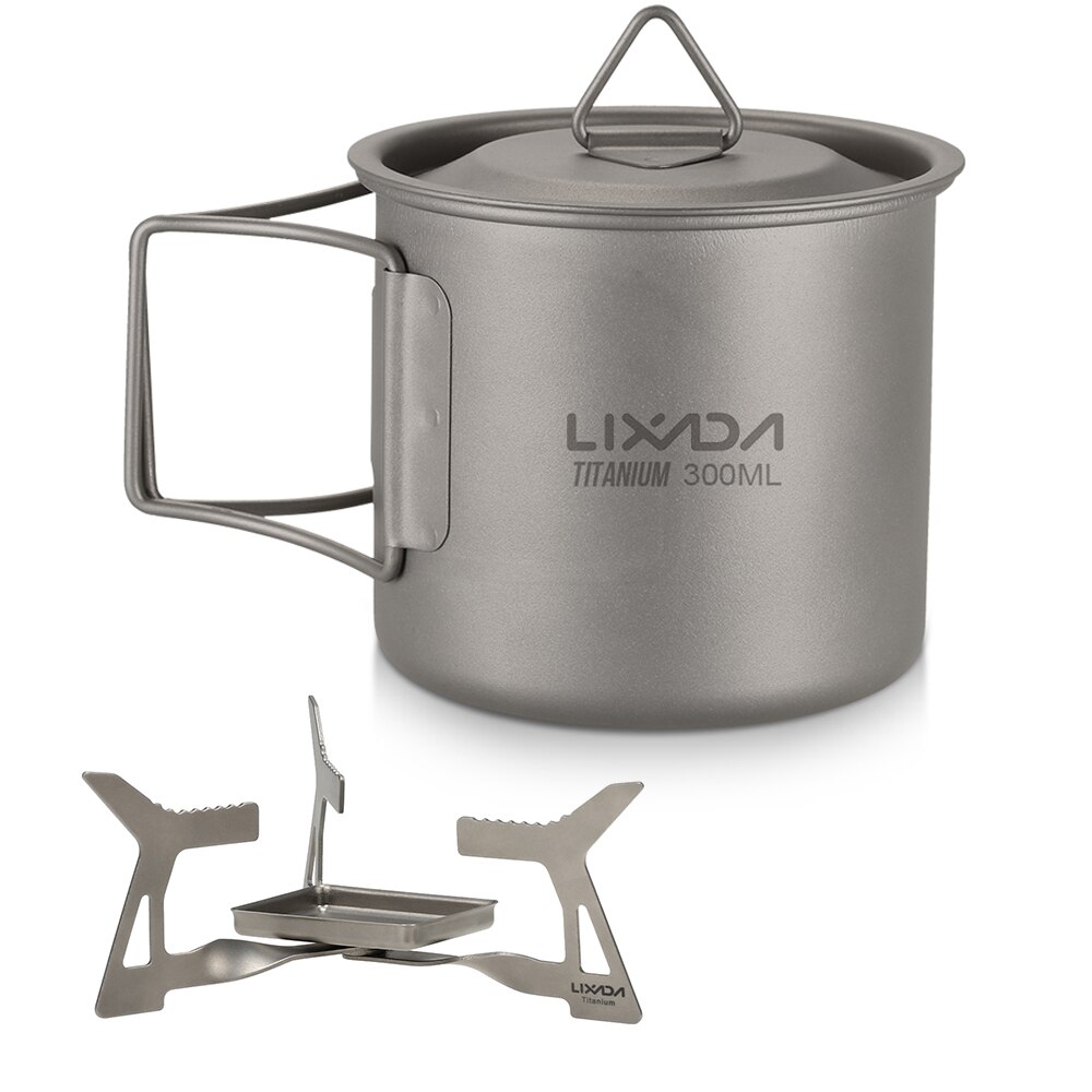 Lixada extérieur 4 pièces Camping titane batterie de cuisine ensemble 550ml tasse à eau tasse pliant solidifié alcool poêle Spork cuillère pare-brise: 300ml with stove