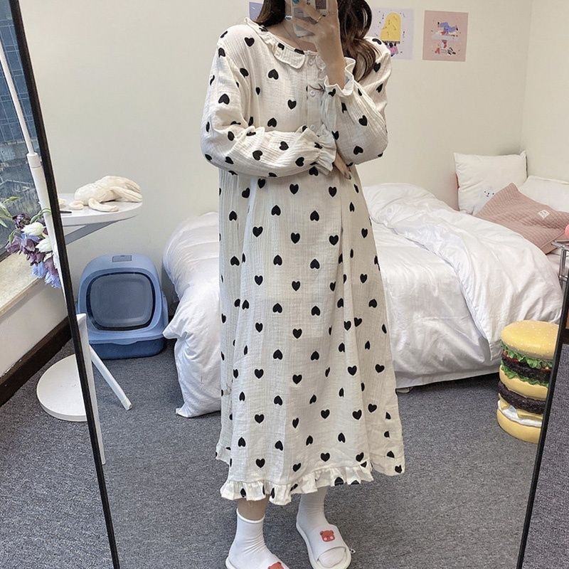 Hart Gedrukt Nachthemden Vrouwen Losse Gezellige Ruches Zoete Lange Mouw Trendy Mooie Tieners Vrouwtjes Sleepshirts Ins Lounge Chic