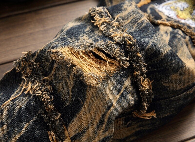 KH männer Europäischen Beiläufige Gerade Jeans Herren Zerrissen Löcher Jahrgang Stickerei Plus Größe Denim Hosen Flut waren
