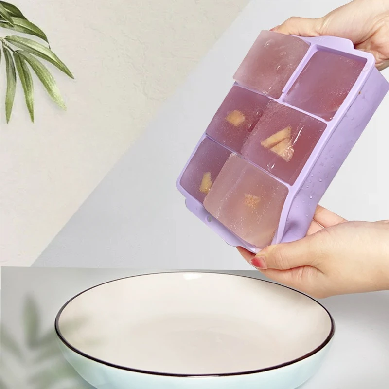 Grote ijsblokjesvorm met 6 vakken en deksels, gigantische jumbo grote siliconen ijsblokjesvorm, vierkante doos, stapelbaar, doe-het-zelf whisky-ijsmaker voor in de keuken