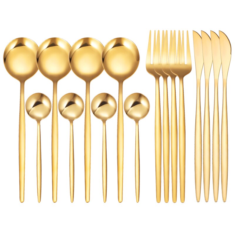 16Pcs/Set White Gold Cutlery Set Knives Forks Tea Spoon Dinnerware Flatware Stainless Steel Silverware Kitchen Tableware Set: 16 Pcs Gold