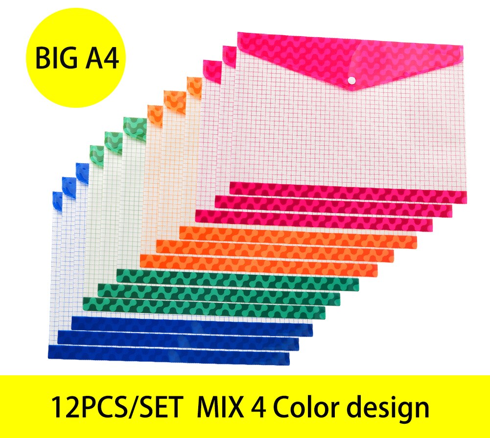 12pcs/set A4 file folder storage bag transparent plastic A5 document bag A3 office file bag school supplies paper bag folder: BIG A4 mix 4design-2