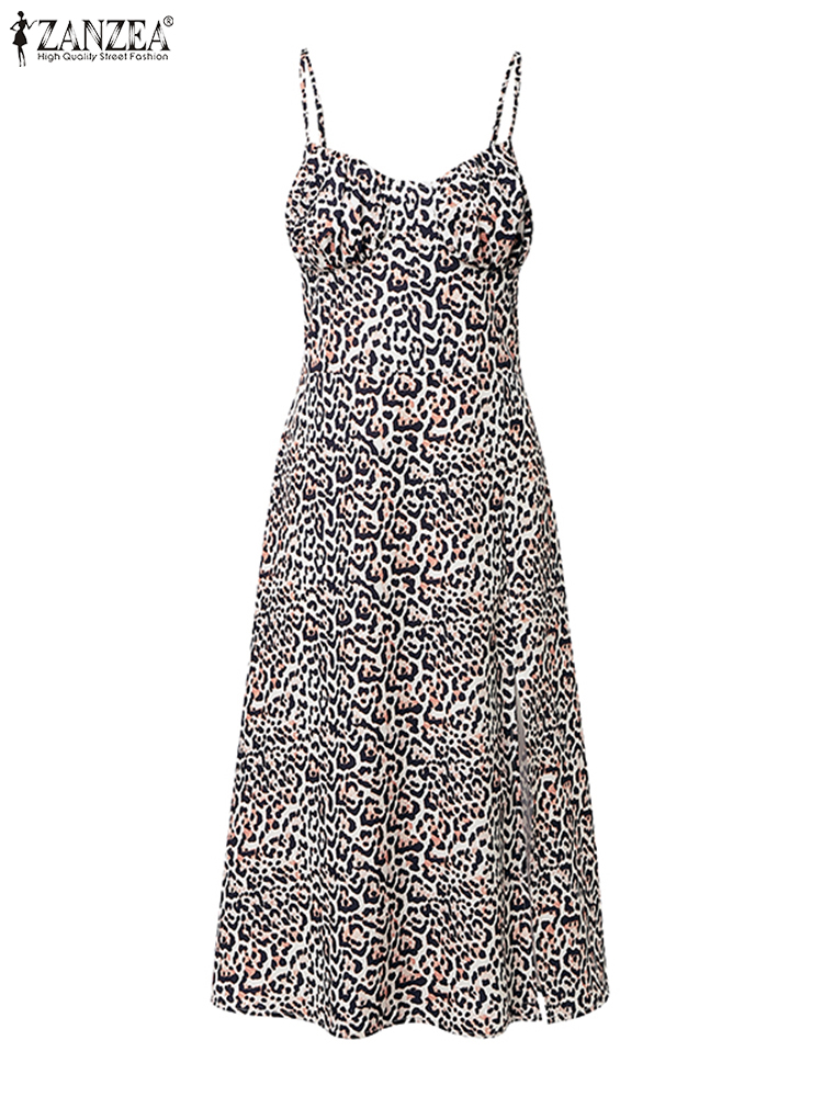 Zanzea sommerkjole dame sexy spaghettistropper leopardprint midi-sommerkjole ermeløs splitt festklubb lang kappe