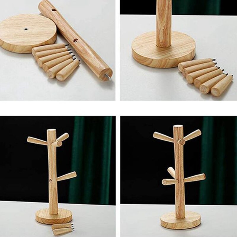 Wood Mug Rack Tree,Coffee Cup Holder Stand with 6 Hooks,Coffee Mug Stand for Kitchen Counter,Tea Cups Dryer