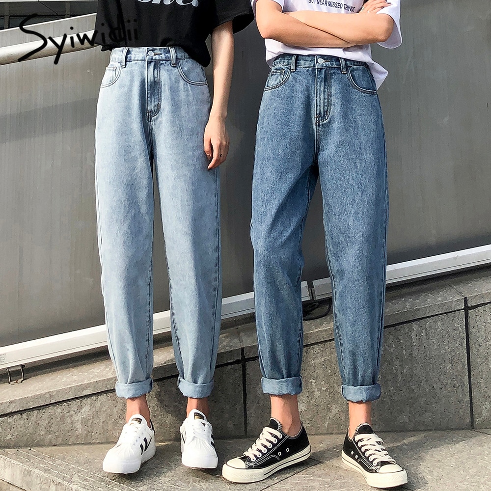 Hoge Taille Jeans Vrouw Plus Size Street Style Elastische Taille Denim Broek Katoen Losse Gecoat Vintage Gewassen Boyfriend Jeans