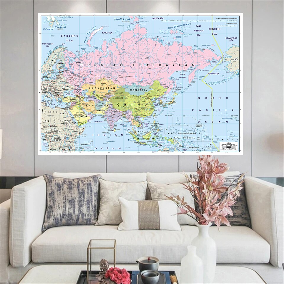 225*150cm The Asia Political Map Wall Art Poster Non-woven Canvas Painting Classroom Home Decor School Supplies