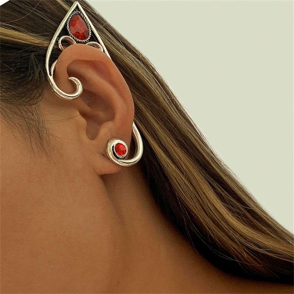 1Pc Punk Elf Ear Cuff Earring Ruby Ear Clip No Piercing Earrings For Women Silver Color Goth Halloween Earcuff Jewelry Party