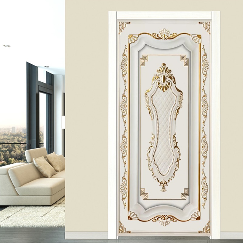 PVC Door Sticker European Style 3D Stereo Golden Gypsum Pattern Wallpaper Living Room Hotel Background Wall Decor 3D Home Poster