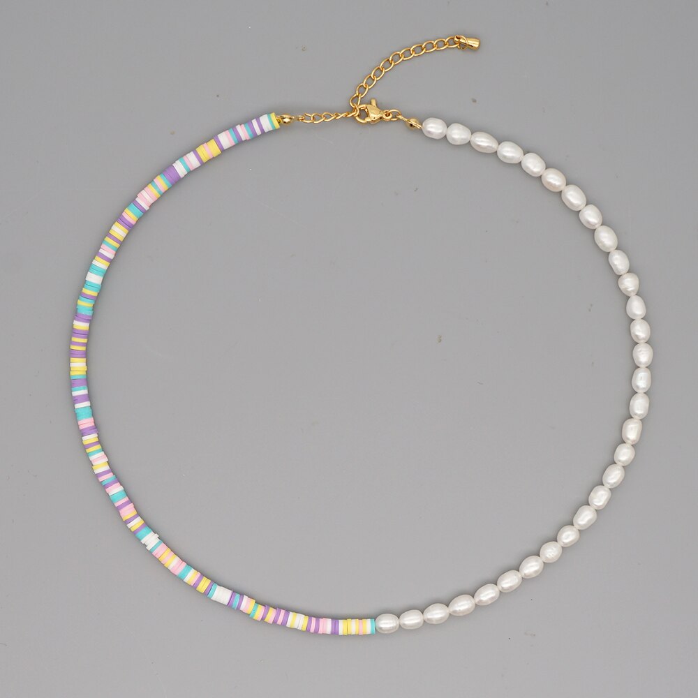 Go2 boho zoetwaterparels kettingen voor dames, sieraden van polymeerklei, heishi, 4mm kralen, handgemaakte choker, roestvrijstalen ketting: Zz -n200033b