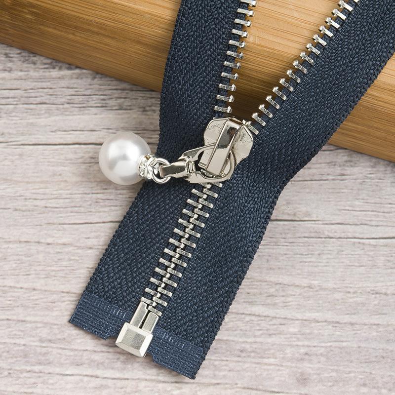 N. ° 5 cremallera de Metal con cremallera de cola abierta deslizante de perlas dentadas de cobre ropa de otoño invierno chaqueta falda de cuero tira de cremallera de doble cabeza: Navy blue silver