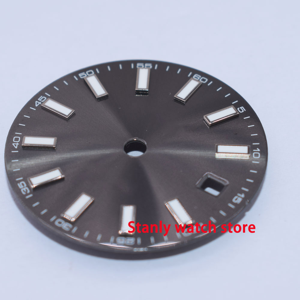 Gran , 29mm, dial gris estéril, marcas luminosas, abertura para fecha, esfera del reloj fit ETA 2824 2836, movimiento