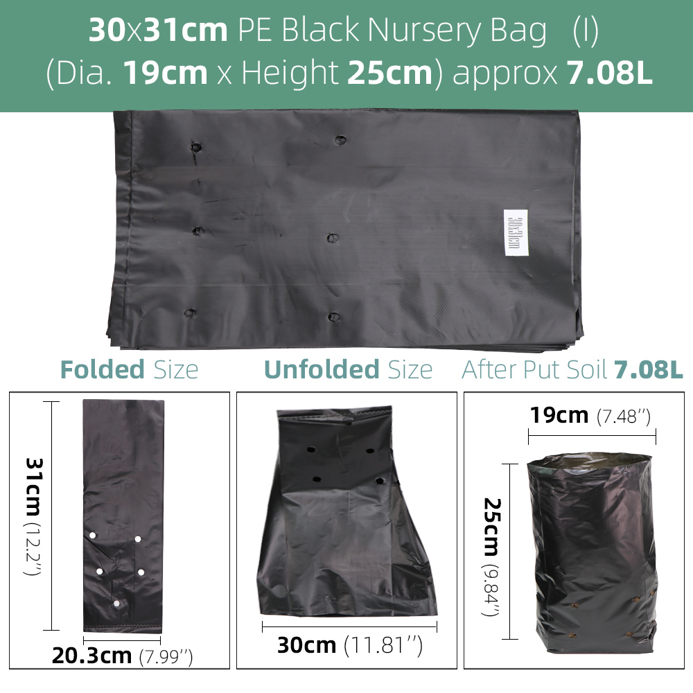 Bolsas de plástico de polietileno para vivero, macetas de cultivo de plantas de tela con agujeros transpirables para cultivo doméstico, suministros de jardinería, color negro, 100 piezas: Black 30x31m