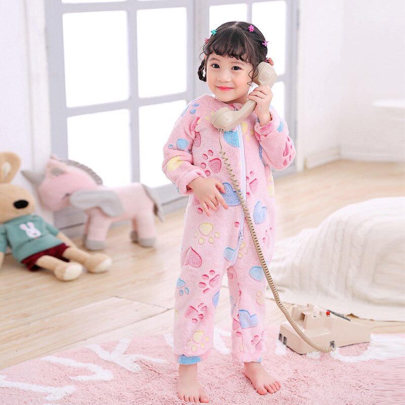 Pyjama une pièce en flanelle pour enfants, barboteuse chaude, corail, pour la maison, nouvelle , automne et hiver: B-pink / 90CM