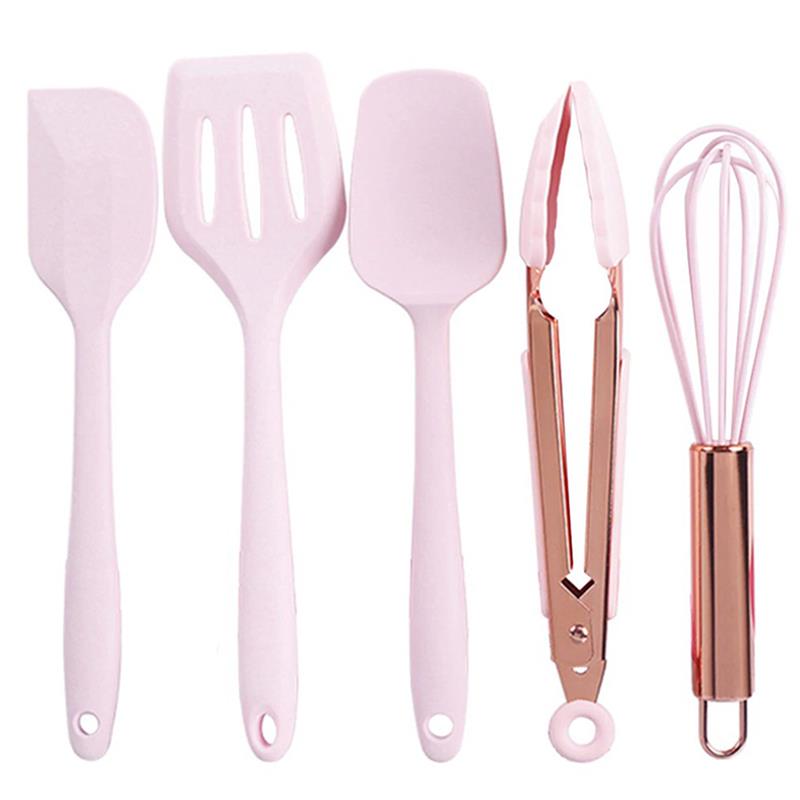 Pink Color Silicone Cooking Utensils Set Universal Egg Whisk Food Tongs Non-Stick Spatula Shovel Kitchenware 5PCS Kitchen Tools: Default Title