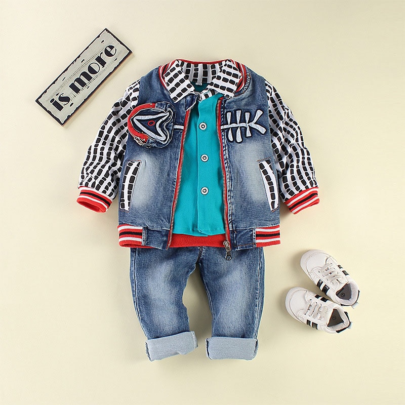 Niños conjunto, ropa de bebé niña 3 piezas traje de chaqueta pantalones de mezclilla otoño primavera ropa jeans para bebé niño chico Rosa kit de bebe