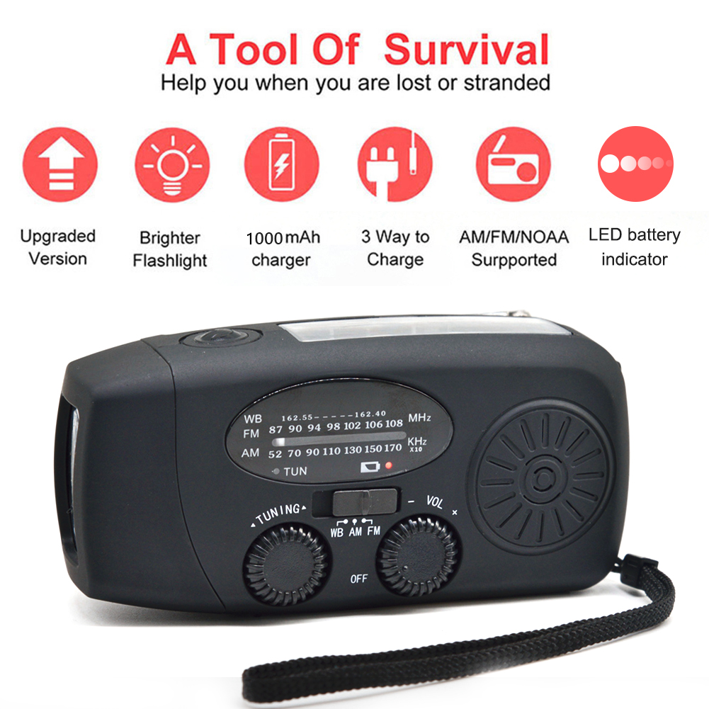 Multifunctional Hand radio Solar Crank Dynamo Powered AM/FM/NOAA Weather Radio Use Emergency LED Flashlight Power Bank solar: black 1000MA