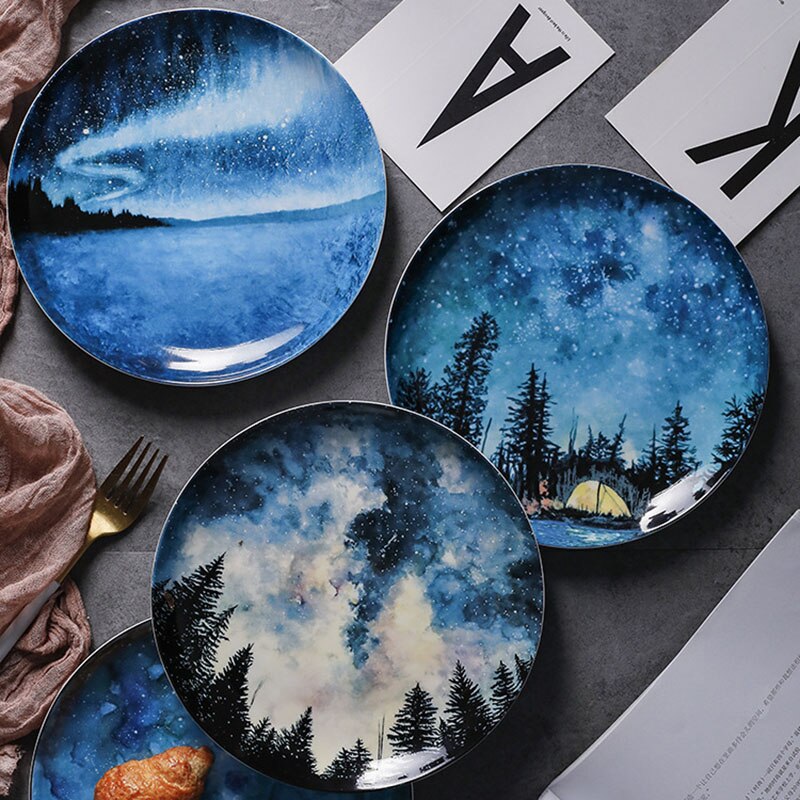 stary Dinner Plate Ceramic Dish Steak Salad Tray Dessert & Bread Plate Home Decor round Dish Specialty Plates fruit cake pastry