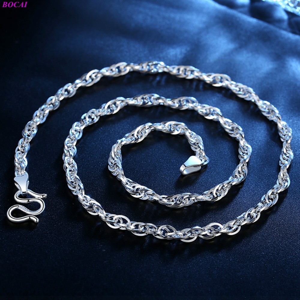 BOCAI Solide-collar de plata esterlina S999 para mujer, joyería sencilla de para mujer, cadena redonda de doble clavícula, artesanía de plata tailandesa para hombre