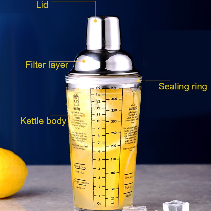 Scale Glass Cocktail Shaker Wine Mixer Shaker Bottle Fruit Juice Snow Double Cup Bar Martini Bartender Tool 400ML/14OZ