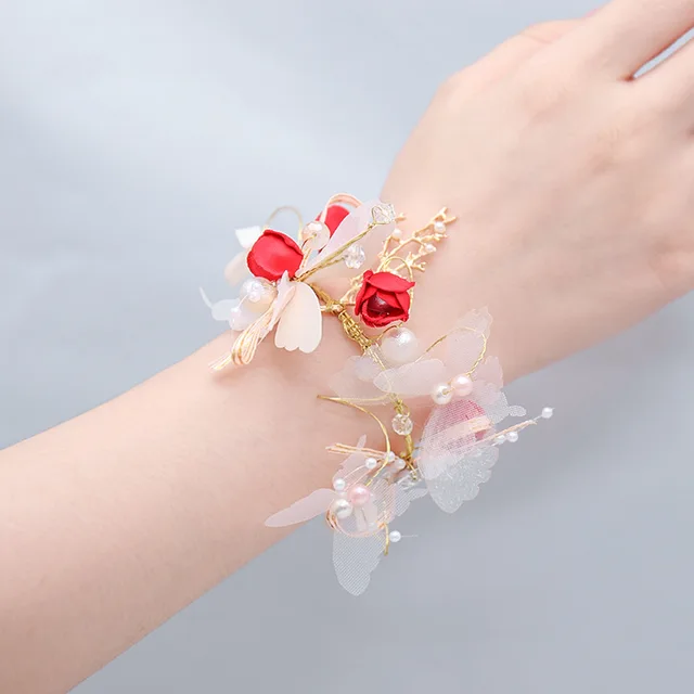 Imitation Pearls Corsage Bracelet Fabric Hand Flowers Girls Bridesmaid Wrist Flowers Wedding Party Accessories Party decor Rose: GRAY