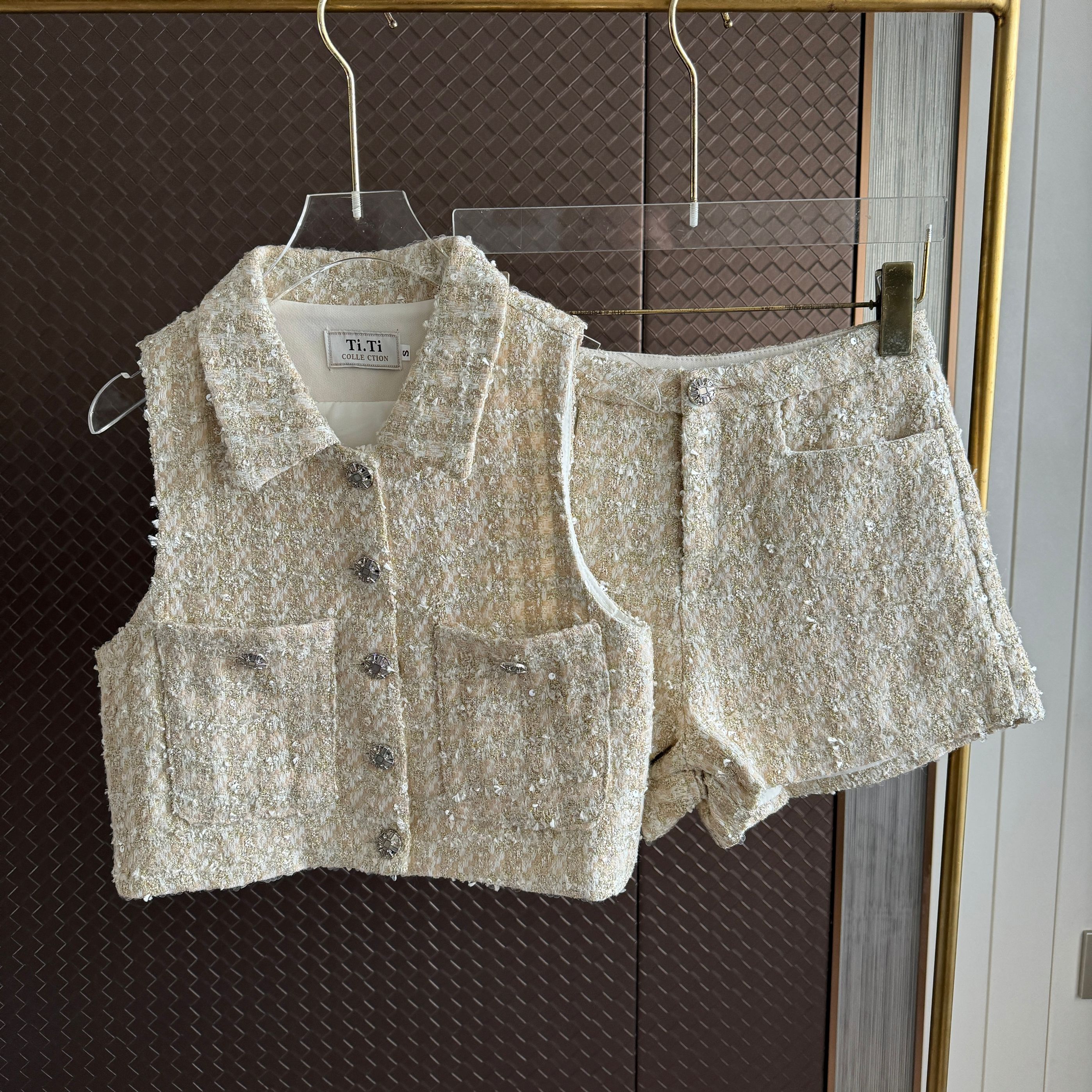 Kvinners årgang todelt paljett tweed kort kjole dame sommer høy gate ermeløs nedkrage kort singlet + shorts