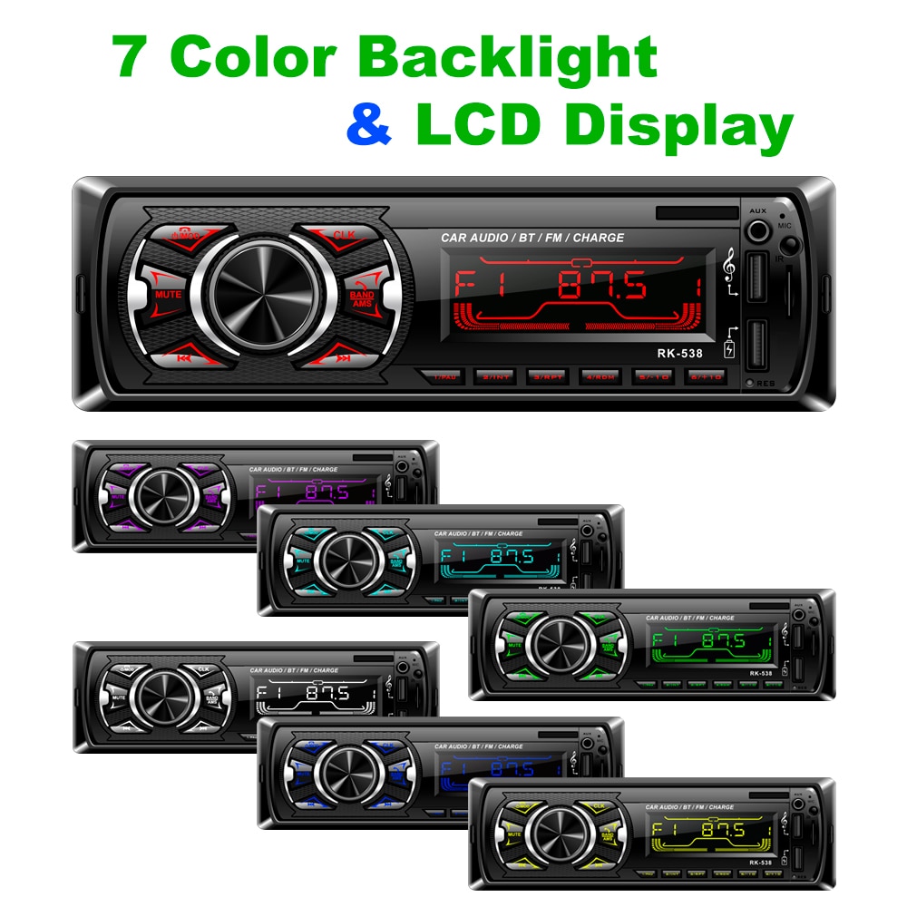 1 Din Car Radio FM DC 12V Fixed panel Auto Audio MP3 player Bluetooth Two USB Charger SD AUX SWC Remote RK-538