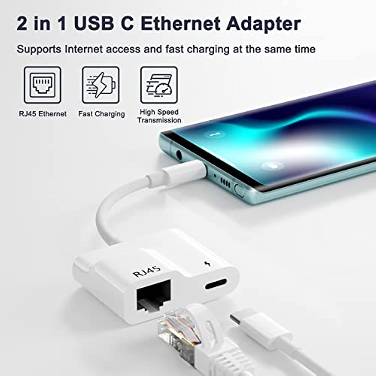USB C to Ethernet Adapter, 2 in 1 USB C to RJ45 Adapter Supports 10/100Mbps Ethernet Network for Android/iPad Pro/Mac/HUAWEI