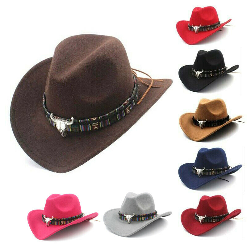 West-sombreros de vaquero de imitación de lana para hombre y mujer, Sombrero decorativo de cabeza de toro de Metal, Sombrero occidental para exteriores
