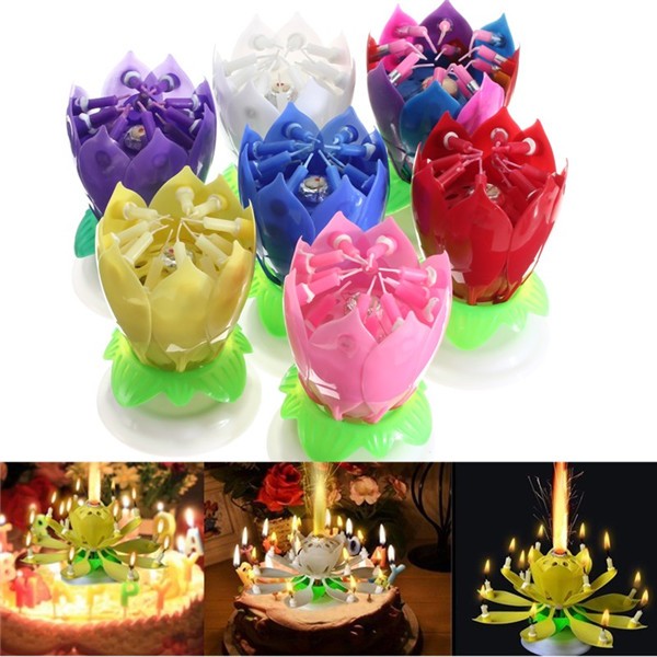 Musical Birthday Candle Flower Lotus Beautiful Happy Birthday Party Rotating Light Decoration Music Candle Lamp