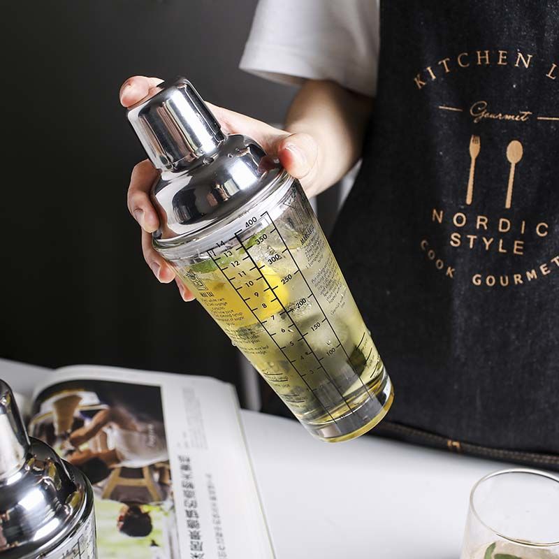 350ml Glass Cocktail Shaker Mixer Cocktail Whisks Glass Cup Set with Measurement Stainless Steel Bar Tools