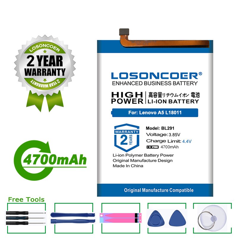 Losoncoer 4700 mah battery ,  bl291 batteries for lenovo ,  a5 l18011 free tools
