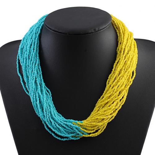 Bohemio de de estilo étnico multicapa para mujer, collar con cuentas de bloque de Color, declaración, joyería,: Yellow Green