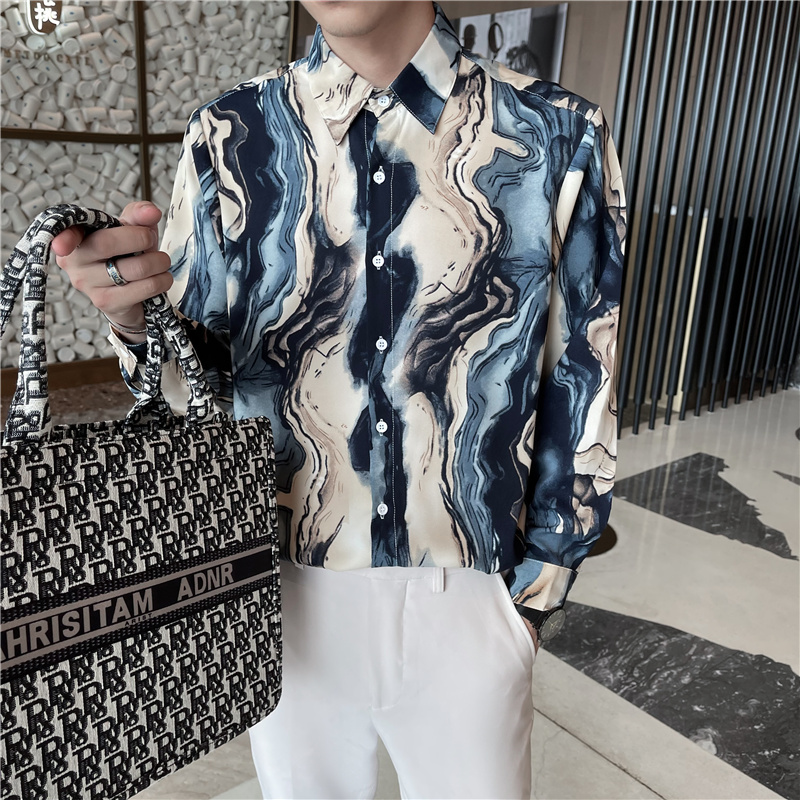 Camisas holgadas con estampado de arte a rayas para hombre, camisa informal de manga larga, ropa de calle de gran tamaño, blusa de esmoquin para Social, 2022