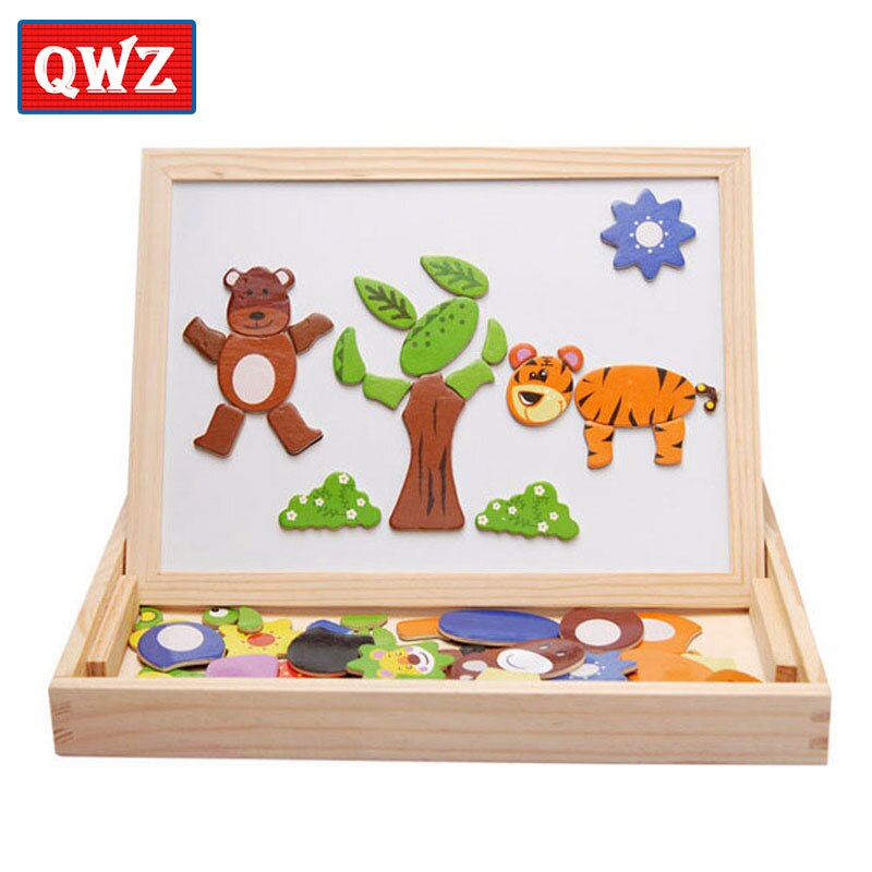 Multifunctional Wooden Magnetic Puzzle Toys Children 3D Puzzle Figure/Animals/ Vehicle /Circus Drawing Board Learning Wood Toys: QWZ091-animal-N