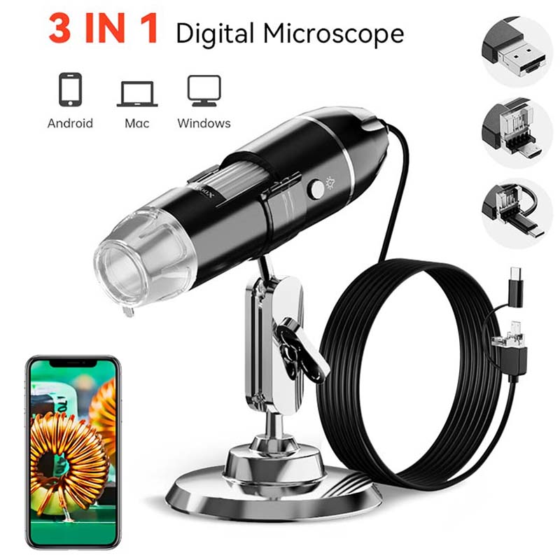 Cámara microscópica Digital 1600X 3 en 1 con soporte microscopio electrónico portátil para soldar lupa LED tipo C USB Android