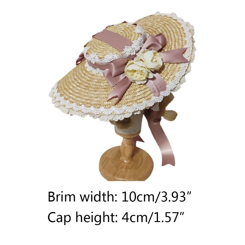 Japanese Lolita Sweet Handmade Straw Sun Hat Lace Patchwork Ribbon Bandage Bowknot Wide Brim Tea Party Flat Cap