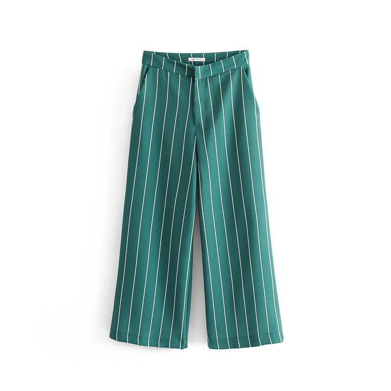 Kvinder buksedragter 2 stykke sæt stribet grøn blazer og jakke vintage stribede brede ben bukser kvinder smarte outfit dragter: Bukser / L
