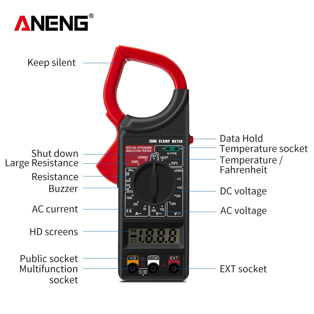 ANENG 266C Digital Current Clamp Meter Buzzer Data Hold Non-contact True RMS AC/DC Multimeter Ohm Ammeter Tester