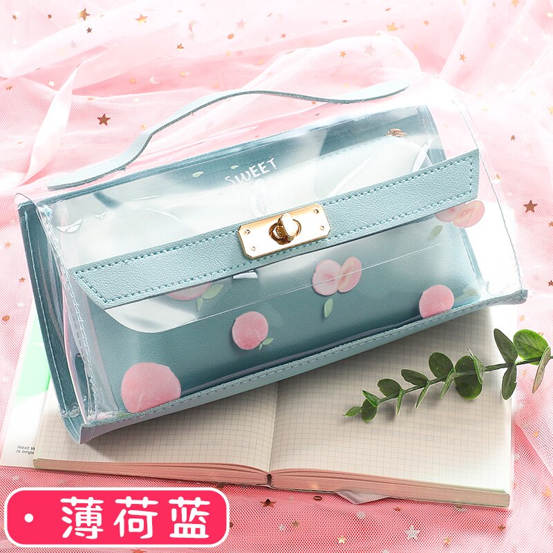 Storage Pen Case Handle Pencil Bag Transparent Pouch School Supplies Stationery Pencil Holder Rulers Organizer Pink Cosmetic Bag: light blue