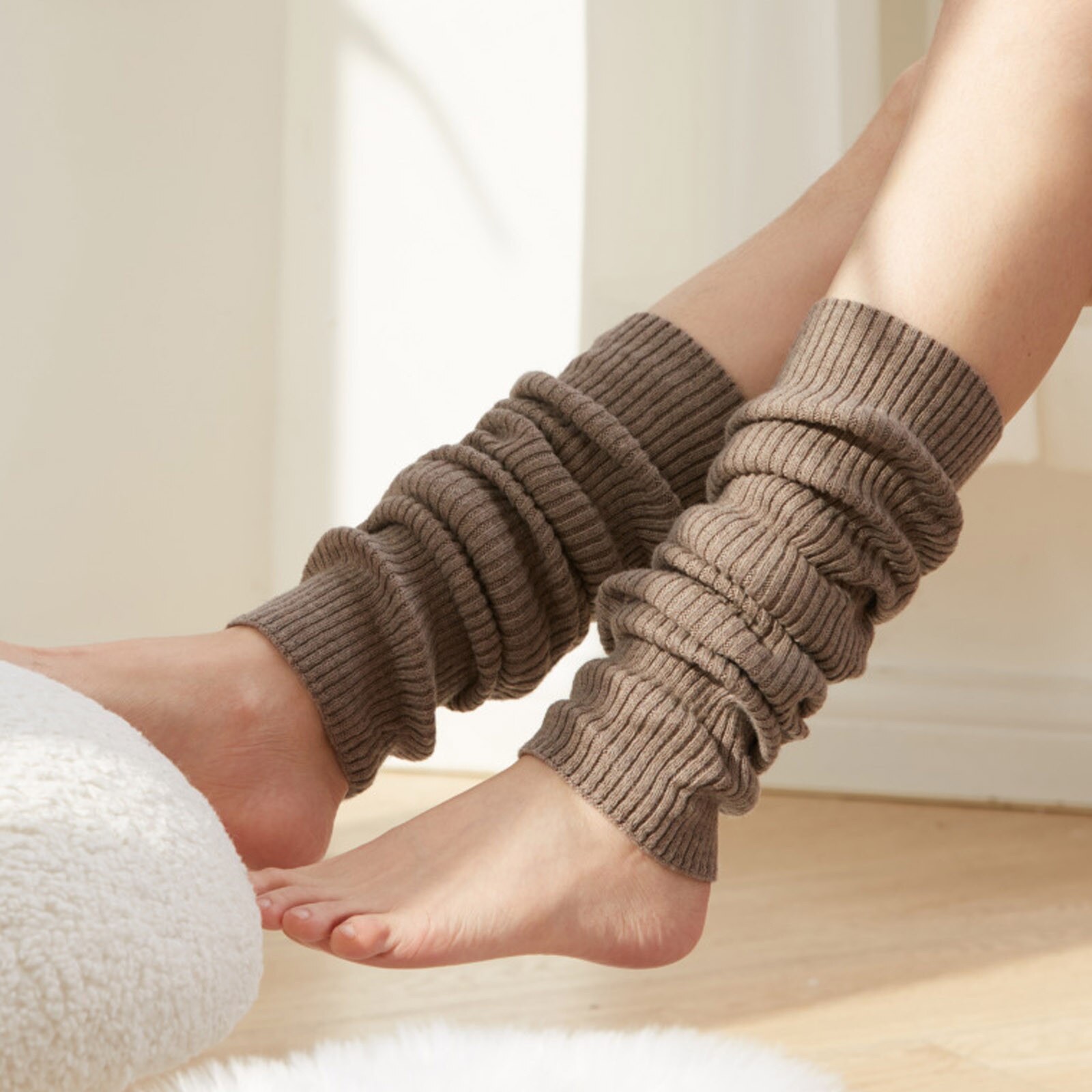 Winter Leggings Socks Women Keep Warm Splicing Socks Knitting Anklets Leggings Socks Warmers Cable Knit Knitted Crochet Leg: B Khaki 