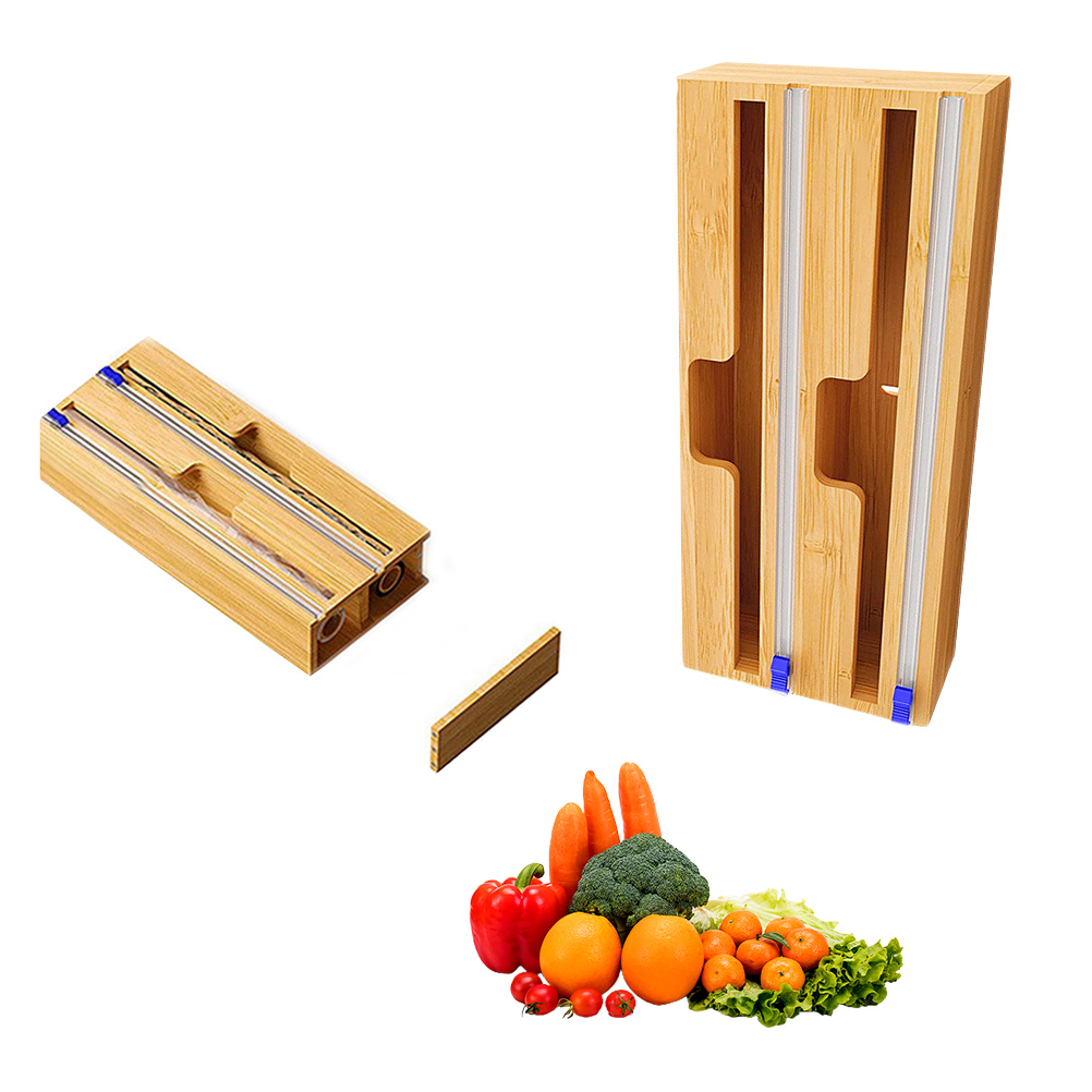 Plastic Wrap Dispenser Food Aluminum Foil Cling Film Cutter Sliding Cut Wood Storage Organizer Holder Kitchen Tool Accessories