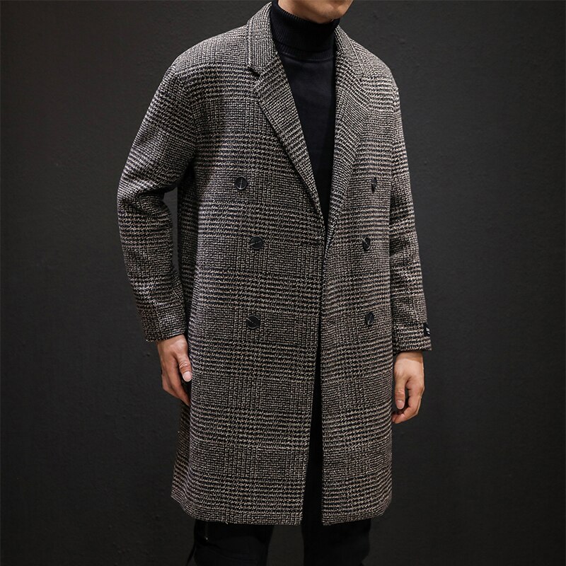 YASUGUOJI Casual Zweireiher Herren Wolle Mantel Winter Hahnentritt Jacke Männer drehen-unten Kragen Lange Woll Wind Mantel