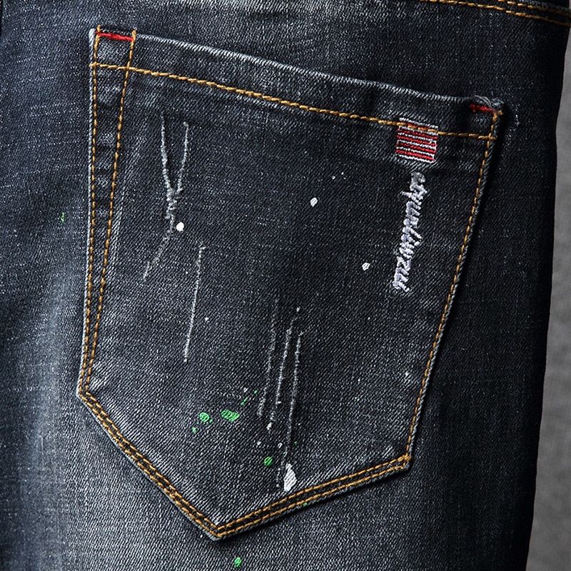 REPPUNK nuevos pantalones desgastados para hombre, pantalones rasgados por la rodilla, pantalones vaqueros ajustados de mezclilla azul para motociclista, pantalones elásticos para hombre