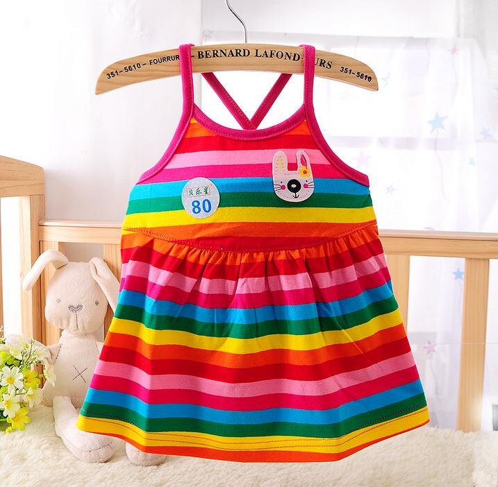 Vestido de algodón para bebé de 0 a 2 años, Rayas de colores, ropa de verano,: Rojo / 9 meses