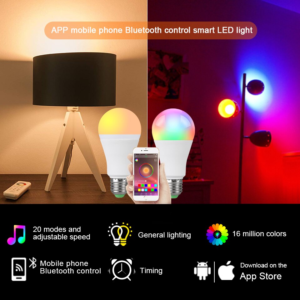 Smart led 15w pære  e27 rgb lampe 85-265v med ir fjernbetjening eller bluetooth 4.0 app rgb lampada til hjemmefest jul