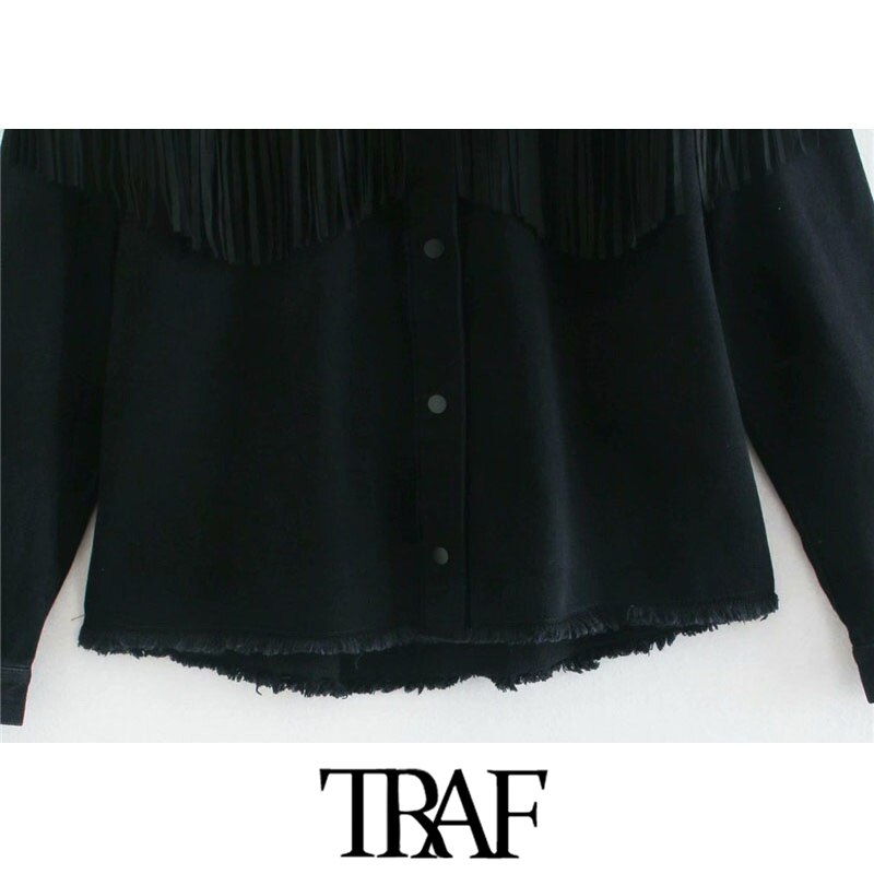 TRAF-chaqueta vaquera holgada con flecos para mujer, chaqueta con flecos deshilachados, de manga larga, Estilo Vintage