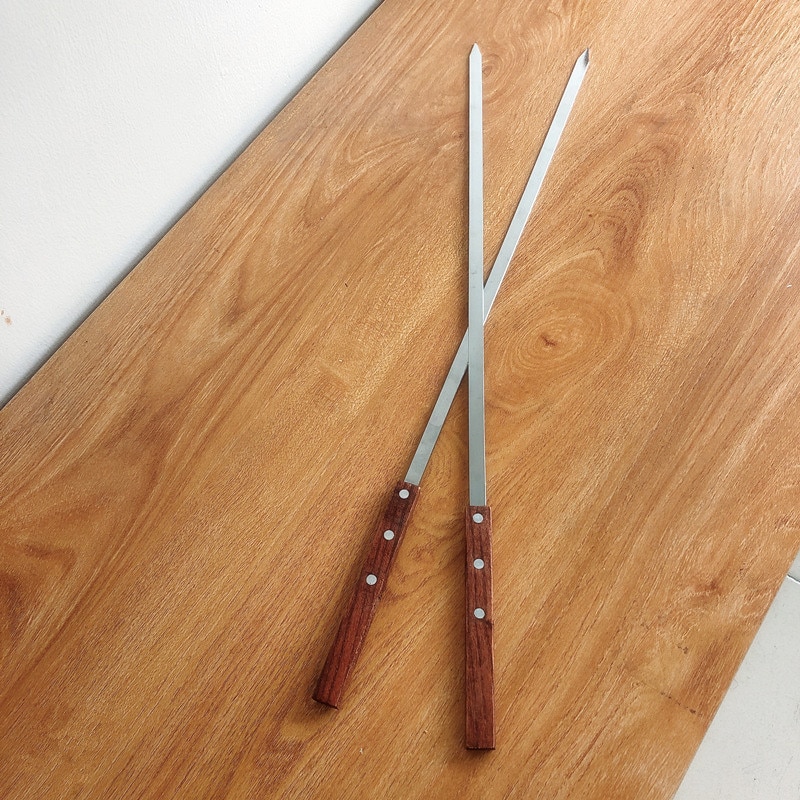 54cm 21.25 "flade rustfrit stål grillspyd træhåndtag kødstegning nålepinde grill stege gafler køkken 2/6/10 stk