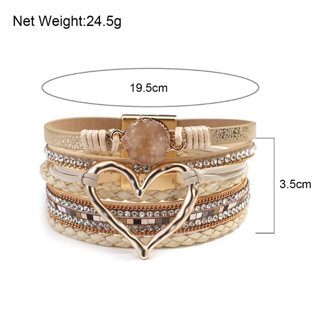 Amorcome-pulsera de cuero trenzado para mujer, brazalete con varias capas de piedras de resina, corazón hueco,