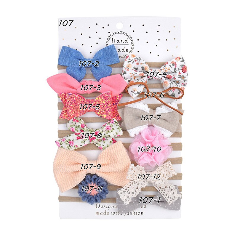 10/12 Pcs/Set Bows Bloem Zachte Nylon Elastische Pasgeboren Baby Meisje Hoofdbanden Strik Kant Bloemen Baby Haar Accessoires: 12pcs 04